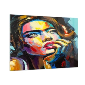 Impression sur verre - Image sur verre - Portrait d'une femme aux couleurs abstraites intenses - 100x70cm - Les rêves volent dans le ciel comme des oiseaux - Décoration murale moderne pour le salon et la chambre ARTTOR