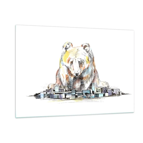 Impression sur verre - Image sur verre - Un ours regardant la ville dans une composition artistique - 120x80cm - Comment peut-on vivre ainsi ? - Décoration murale moderne pour le salon et la chambre ARTTOR