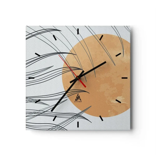 Horloge murale - Pendule murale - Brins d'herbe abstraits sur fond de grand soleil orange - 30x30cm - Toujours vers le soleil - Décoration murale moderne pour le salon et la chambre ARTTOR
