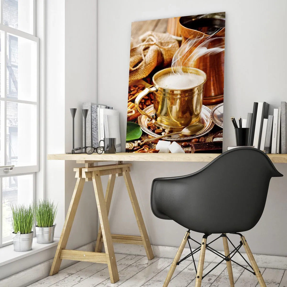 Impression sur verre - Image sur verre - Une tasse de café dorée avec du lait entourée de céréales et de croissants - 50x70cm - Bonne journée! - Décoration murale moderne pour le salon et la chambre ARTTOR