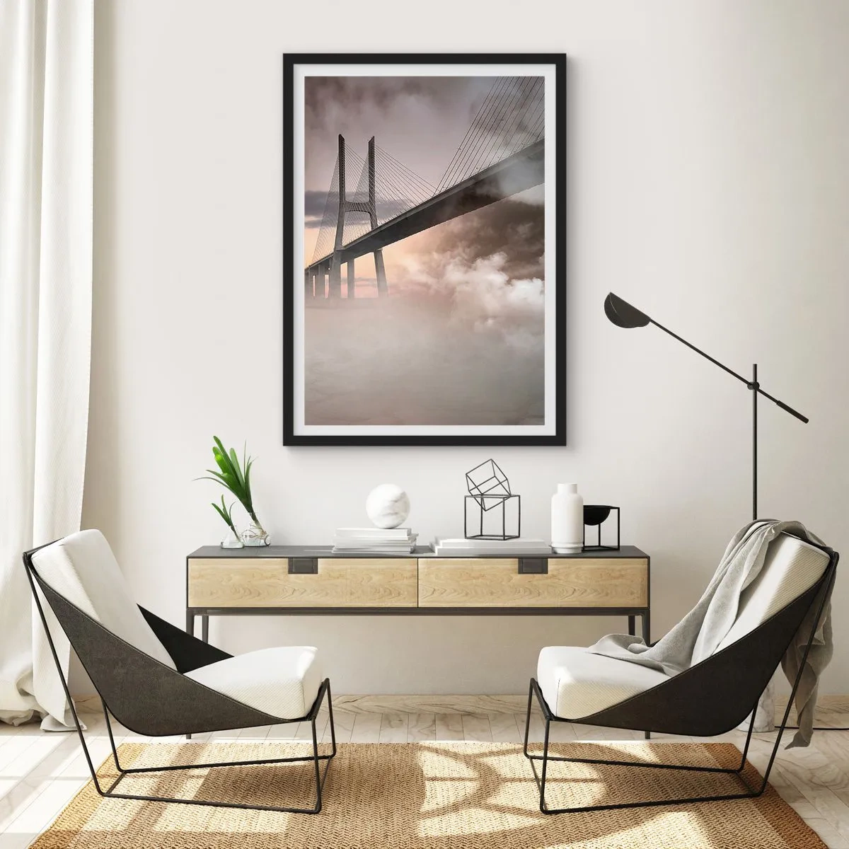 Affiche dans un cadre noir - Poster - Un pont dans le brouillard au lever du soleil - 50x70cm - Sur la rivière qui n'existe pas - Décoration murale moderne pour le salon et la chambre ARTTOR