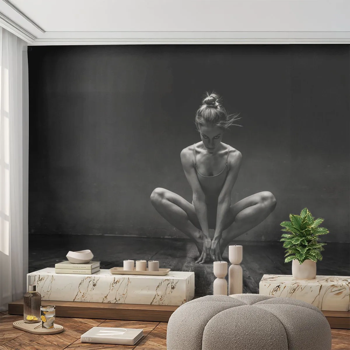 Papier Peint Photo Premium Canvas - Concentration de l'énergie de la danse - Danseur, Femme, Noir et blanc - 250x175 cm