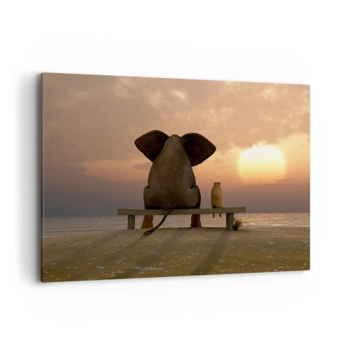 Impression sur toile - Image sur toile - Un éléphant et un chien sont assis sur un banc sur la plage au coucher du soleil. - 100x70cm - C'est bon de garder le silence ensemble - Décoration murale moderne pour le salon et la chambre ARTTOR