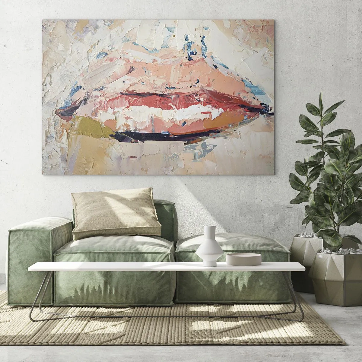 Impression sur verre - Image sur verre - Image abstraite de lèvres dans une technique de peinture expressive - 70x50cm - Éveil la pensée - Décoration murale moderne pour le salon et la chambre ARTTOR