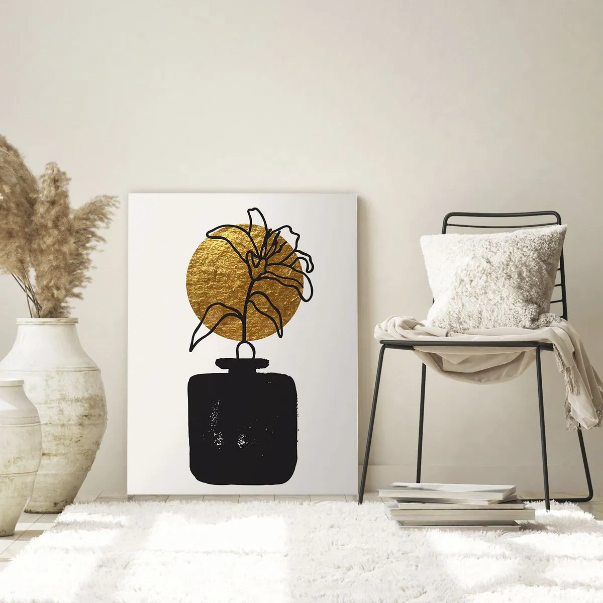 Impression sur verre - Image sur verre - Un dessin d'une fleur dans un vase sur un fond de cercle doré - 80x120cm - La beauté vaut son pesant d'or - Décoration murale moderne pour le salon et la chambre ARTTOR