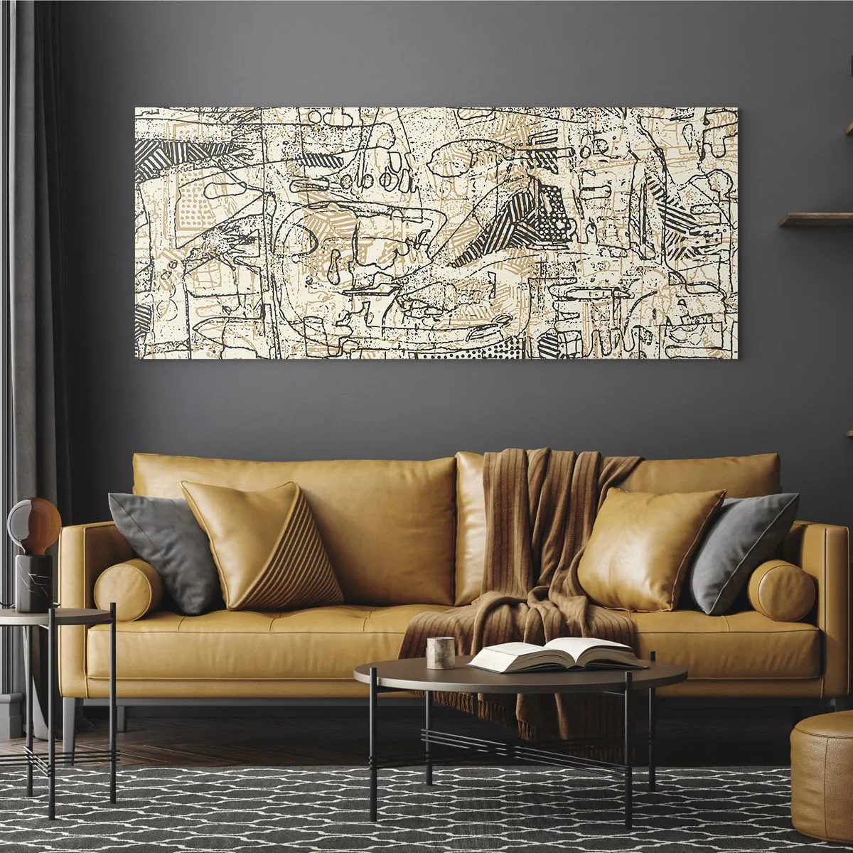 Impression sur verre - Image sur verre - Motifs abstraits et lignes sur fond beige - 160x50cm - Il attend d'être décodé - Décoration murale moderne pour le salon et la chambre ARTTOR