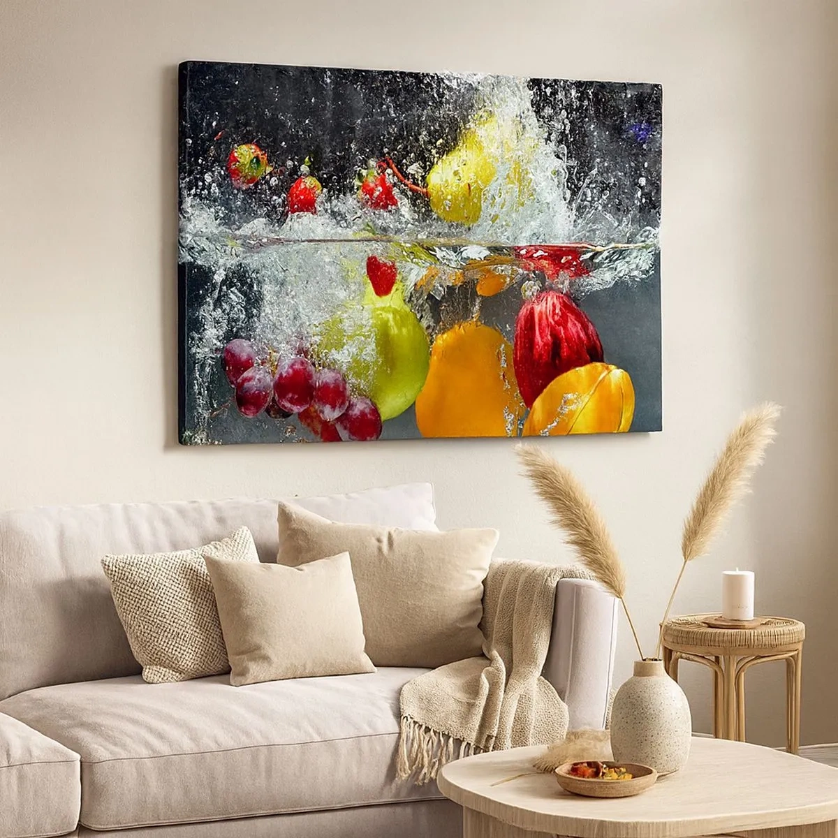 Impression sur toile - Image sur toile - Fruits colorés dans l'eau lors d'une immersion dynamique - 70x50cm - Rafraîchissement fruité - Décoration murale moderne pour le salon et la chambre ARTTOR