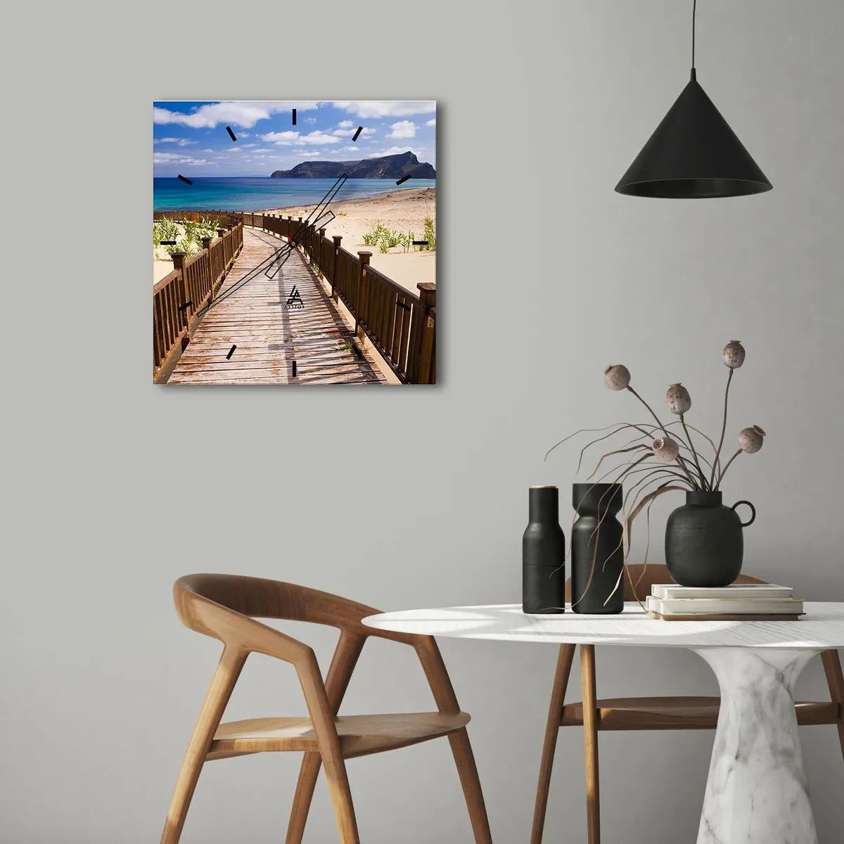 Horloge murale - Pendule murale - Chemin en bois menant à la plage avec vue sur l'océan - 30x30cm - Emmène-moi dans les îles du bonheur - Décoration murale moderne pour le salon et la chambre ARTTOR