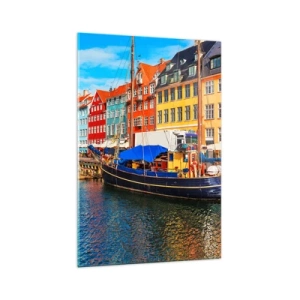 Impression sur verre - Image sur verre - Maisons colorées sur le canal avec des bateaux au soleil - 70x100cm - Quai joyeux - Décoration murale moderne pour le salon et la chambre ARTTOR