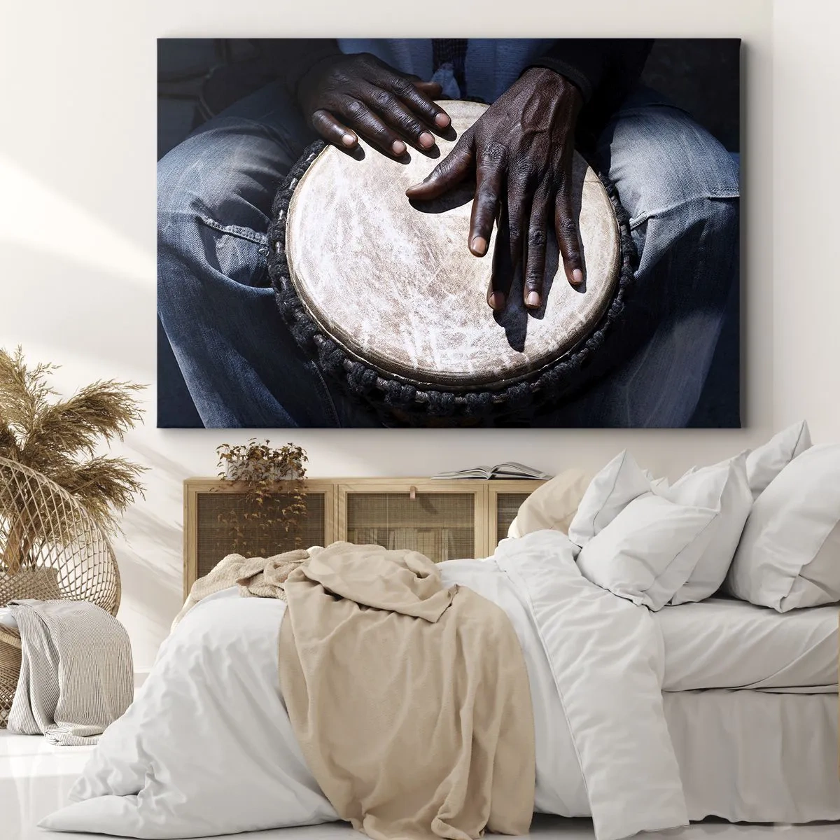 Impression sur toile - Image sur toile - Mains jouant du djembé dans une composition dynamique - 70x50cm - Vis à son rythme - Décoration murale moderne pour le salon et la chambre ARTTOR