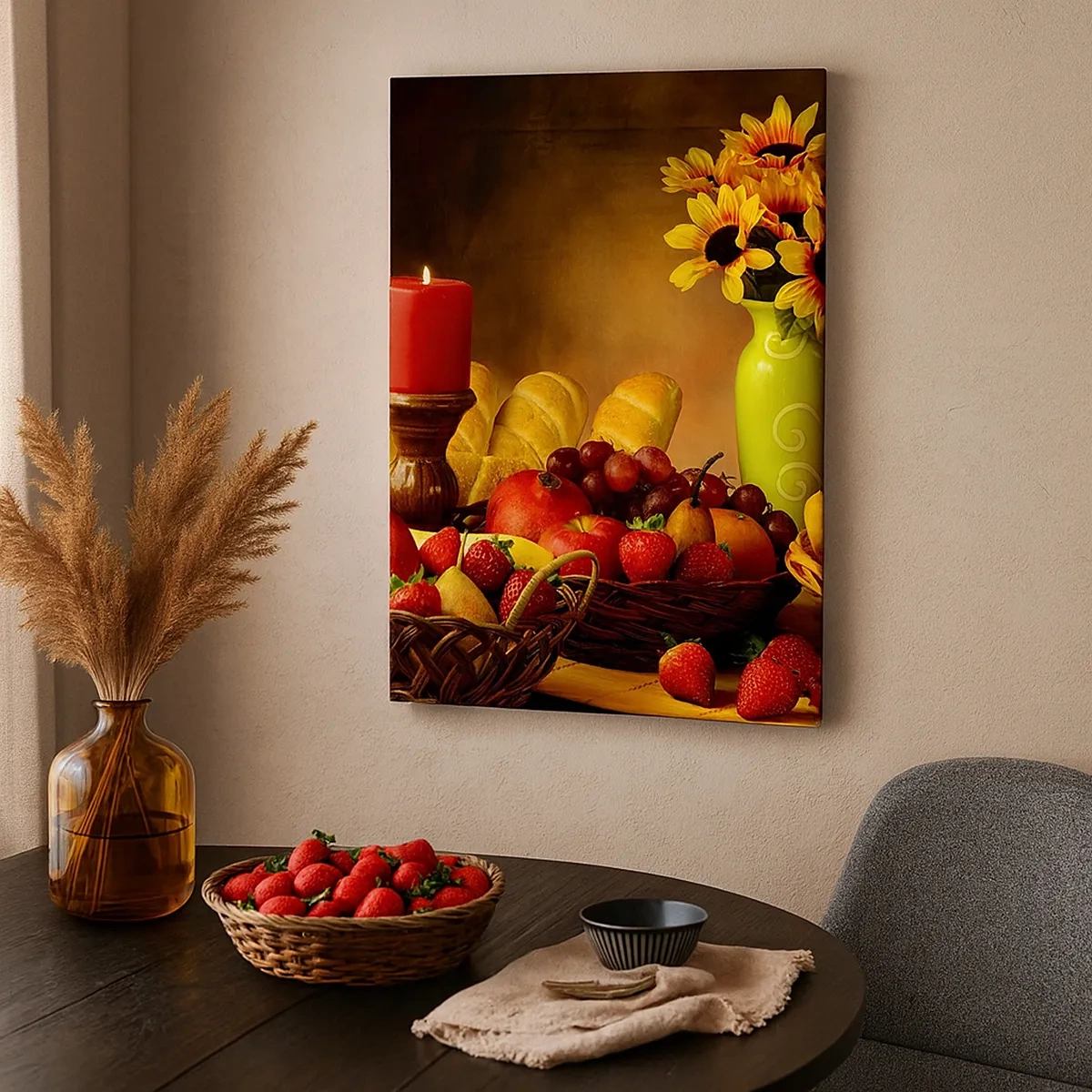 Impression sur toile - Image sur toile - Nature morte avec fruits, pain, bougie et fleurs - 50x70cm - Nature morte de pain et de fruits - Décoration murale moderne pour le salon et la chambre ARTTOR