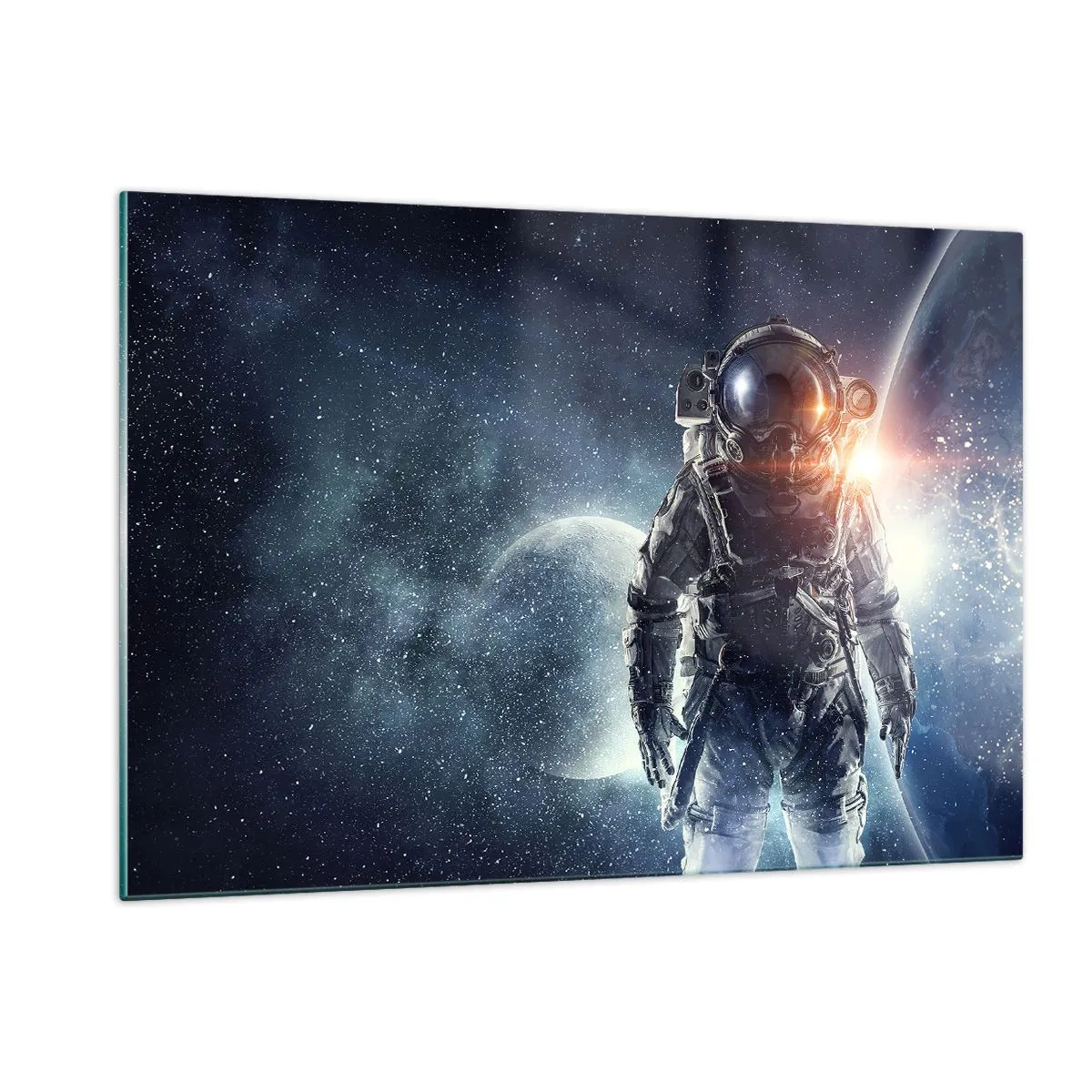 Impression sur verre - Image sur verre - Astronaute sur fond de planètes et d'étoiles - 120x80cm - Aventure spatiale - Décoration murale moderne pour le salon et la chambre ARTTOR