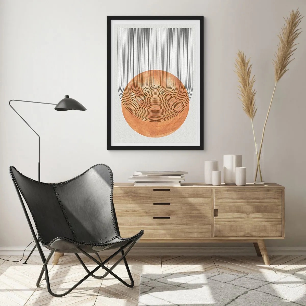 Affiche dans un cadre noir - Poster - Abstraction géométrique dans des tons terreux - 50x70cm - Composition solaire - Décoration murale moderne pour le salon et la chambre ARTTOR