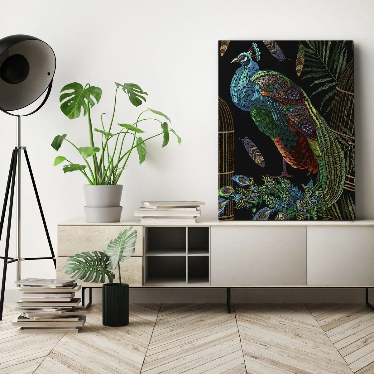 Impression sur toile - Image sur toile - Paons à côté d'une cage dorée sur fond noir - 50x70cm - En robes royales - Décoration murale moderne pour le salon et la chambre ARTTOR