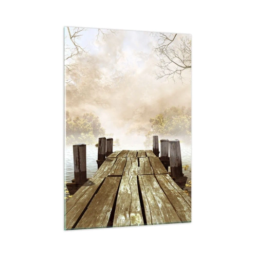 Impression sur verre - Image sur verre - Une jetée en bois sur un lac calme dans le brouillard - 50x70cm - La douce tristesse de l'automne - Décoration murale moderne pour le salon et la chambre ARTTOR