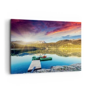 Impression sur toile - Image sur toile - Coucher de soleil sur le lac avec des bateaux à l'embarcadère - 100x70cm - Aussi lisse qu'un miroir au-dessus de l'eau - Décoration murale moderne pour le salon et la chambre ARTTOR