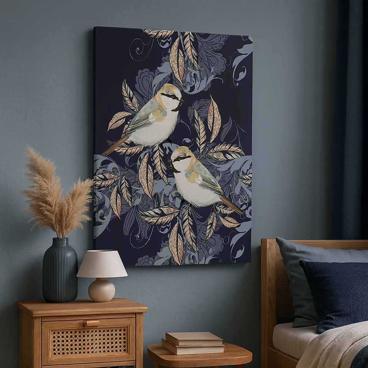 Impression sur toile - Image sur toile - Oiseaux sur des branches dans un arrière-plan ornemental - 50x70cm - Babillement jaune et bleu - Décoration murale moderne pour le salon et la chambre ARTTOR