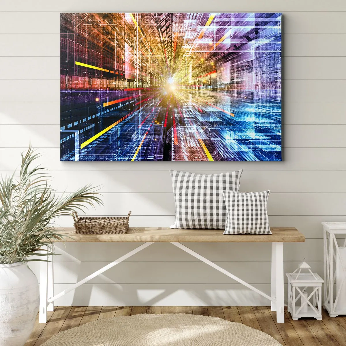 Impression sur toile - Image sur toile - Lumières dynamiques dans un couloir futuriste - 70x50cm - Couloir lumineux - Décoration murale moderne pour le salon et la chambre ARTTOR