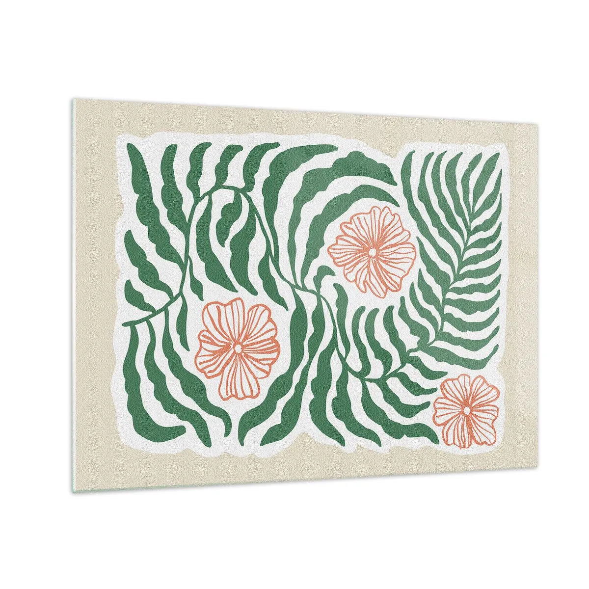Impression sur verre - Image sur verre - Feuilles vertes et fleurs rouges dans un arrangement graphique - 70x50cm - Fleurit en vert - Décoration murale moderne pour le salon et la chambre ARTTOR