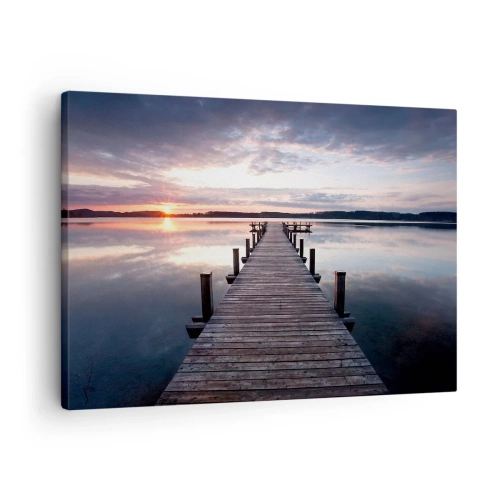 Impression sur toile - Image sur toile - Une jetée sur un lac au coucher du soleil dans un paysage paisible - 70x50cm - Une frontière tranquille entre le jour et la nuit - Décoration murale moderne pour le salon et la chambre ARTTOR