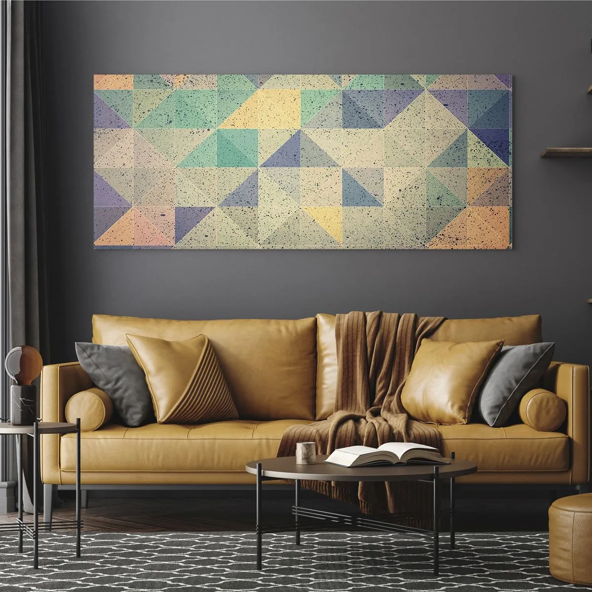 Impression sur verre - Image sur verre - Une composition colorée de triangles géométriques dans des tons pastel. - 120x50cm - République des triangles - Décoration murale moderne pour le salon et la chambre ARTTOR