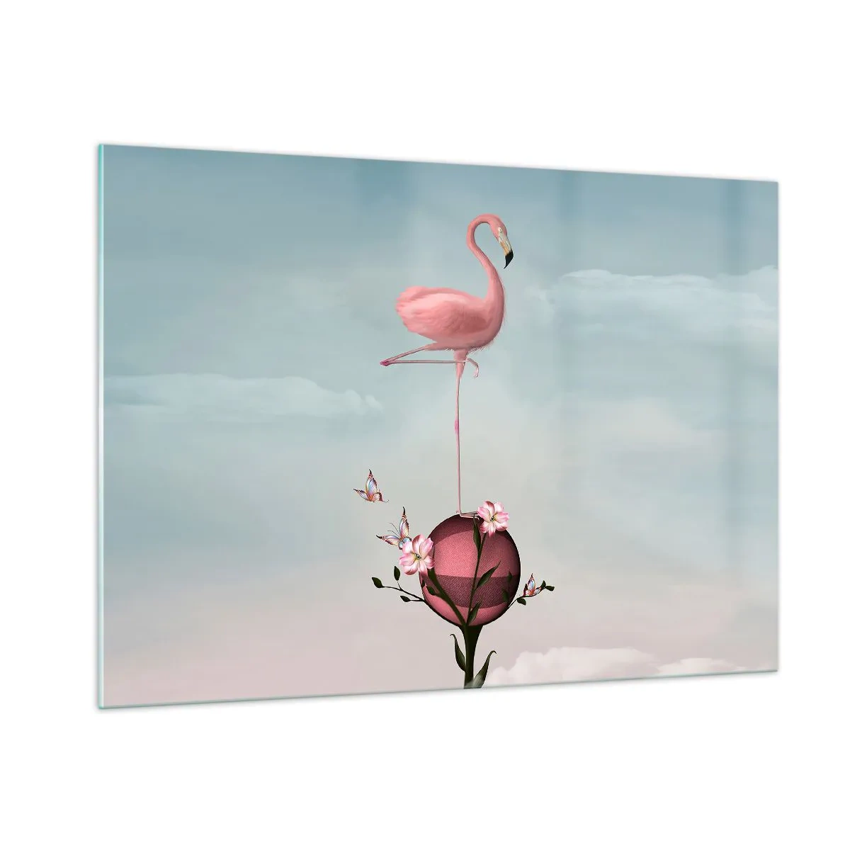 Impression sur verre - Image sur verre - Un flamant rose debout sur une boule décorative avec des fleurs et des papillons. - 100x70cm - Allégorie du basket-ball - Décoration murale moderne pour le salon et la chambre ARTTOR