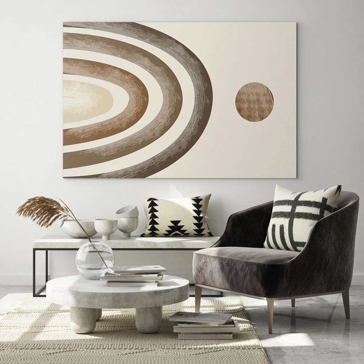 Impression sur verre - Image sur verre - Rayures et cercles abstraits dans des tons de marron - 100x70cm - Dans une galaxie lointaine - Décoration murale moderne pour le salon et la chambre ARTTOR
