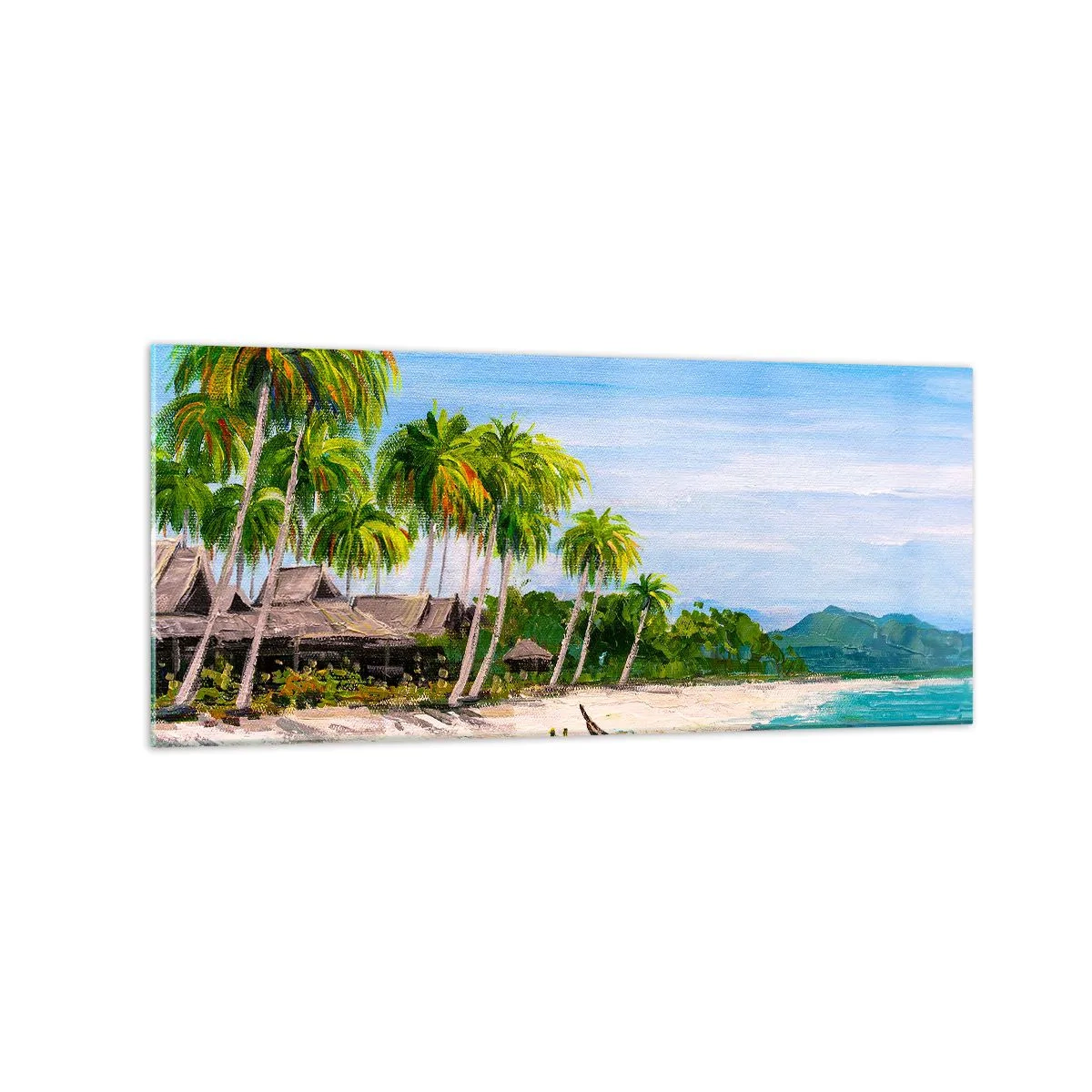 Impression sur verre - Image sur verre - Une plage exotique avec des palmiers et un bateau sur le rivage - 120x50cm - Rêve exotique - Décoration murale moderne pour le salon et la chambre ARTTOR