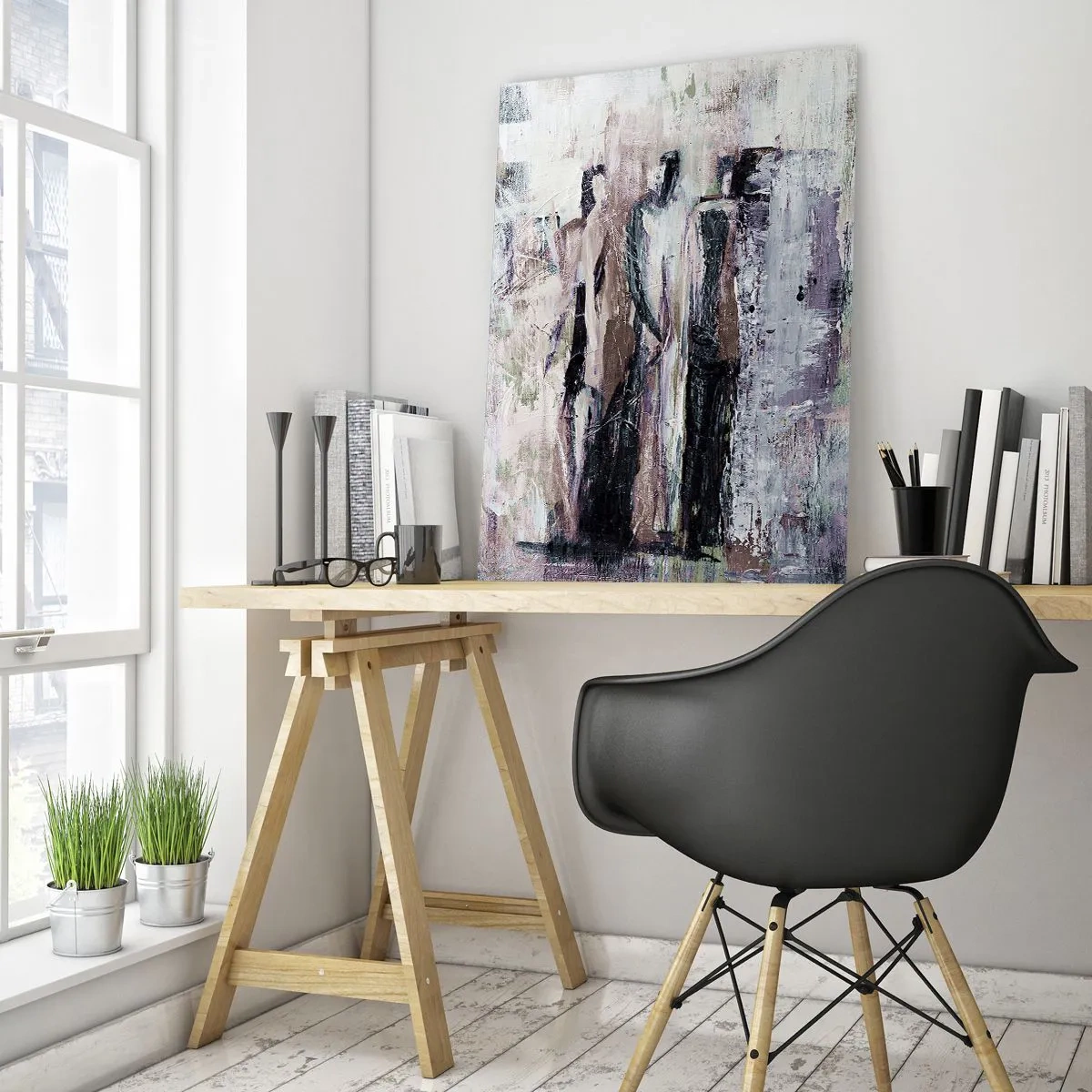 Impression sur verre - Image sur verre - Silhouettes abstraites de personnages sur un fond de peinture texturée - 50x70cm - Les trois mystérieux - Décoration murale moderne pour le salon et la chambre ARTTOR