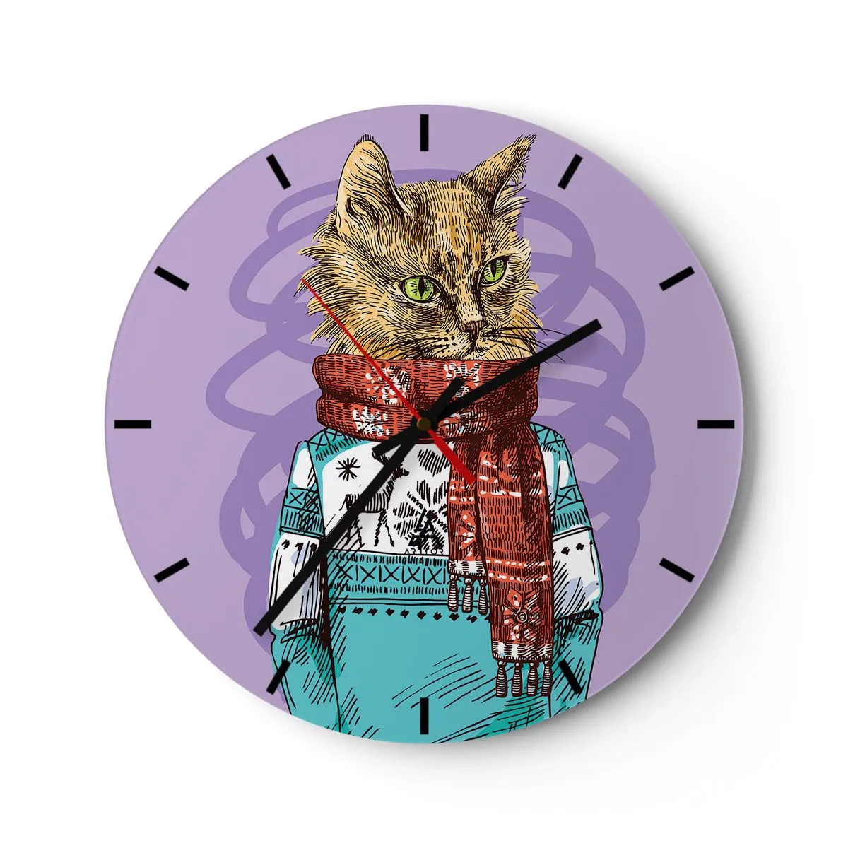 Horloge murale - Pendule murale - Un chat en tenue d'hiver avec une écharpe sur fond violet - 30x30cm - Le chat, pas uniquement dans les chaussures - Décoration murale moderne pour le salon, la cuisine et la chambre ARTTOR