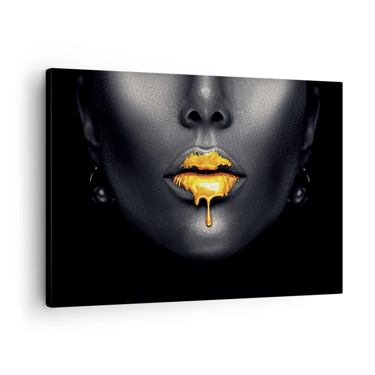Impression sur toile - Image sur toile - Portrait noir et or d'une femme avec une goutte d'or sur les lèvres - 70x50cm - Bouche d'or - Décoration murale moderne pour le salon et la chambre ARTTOR
