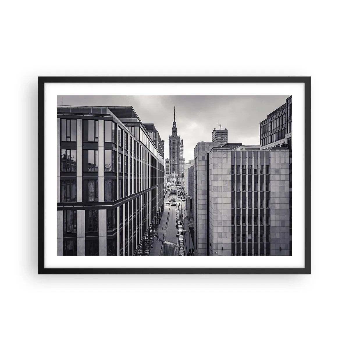 Affiche dans un cadre noir - Poster - Panorama de Varsovie avec vue sur le Palais de la Culture et les bâtiments environnants - 70x50cm - Vallée de Varsovie - Décoration murale moderne pour le salon et la chambre ARTTOR