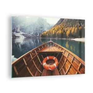 Impression sur verre - Image sur verre - Vue depuis un bateau en bois sur un lac de montagne et une forêt d'automne - 70x50cm - Escapade en montagne - Décoration murale moderne pour le salon et la chambre ARTTOR