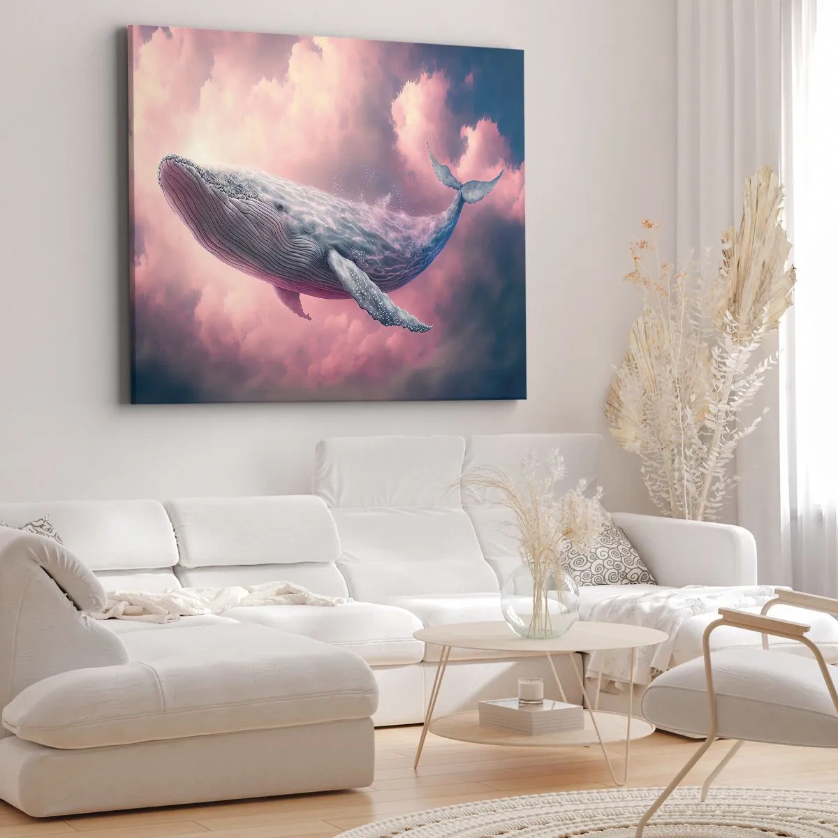 Impression sur toile - Image sur toile - Une baleine flottant dans les nuages au coucher du soleil - 120x80cm - Frottez-vous les yeux - Décoration murale moderne pour le salon et la chambre ARTTOR