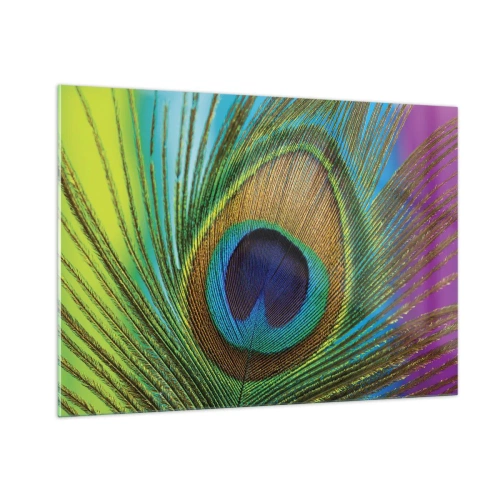 Impression sur verre - Image sur verre - Gros plan d'une plume de paon colorée - 100x70cm - Les yeux dans les yeux - Décoration murale moderne pour le salon et la chambre ARTTOR
