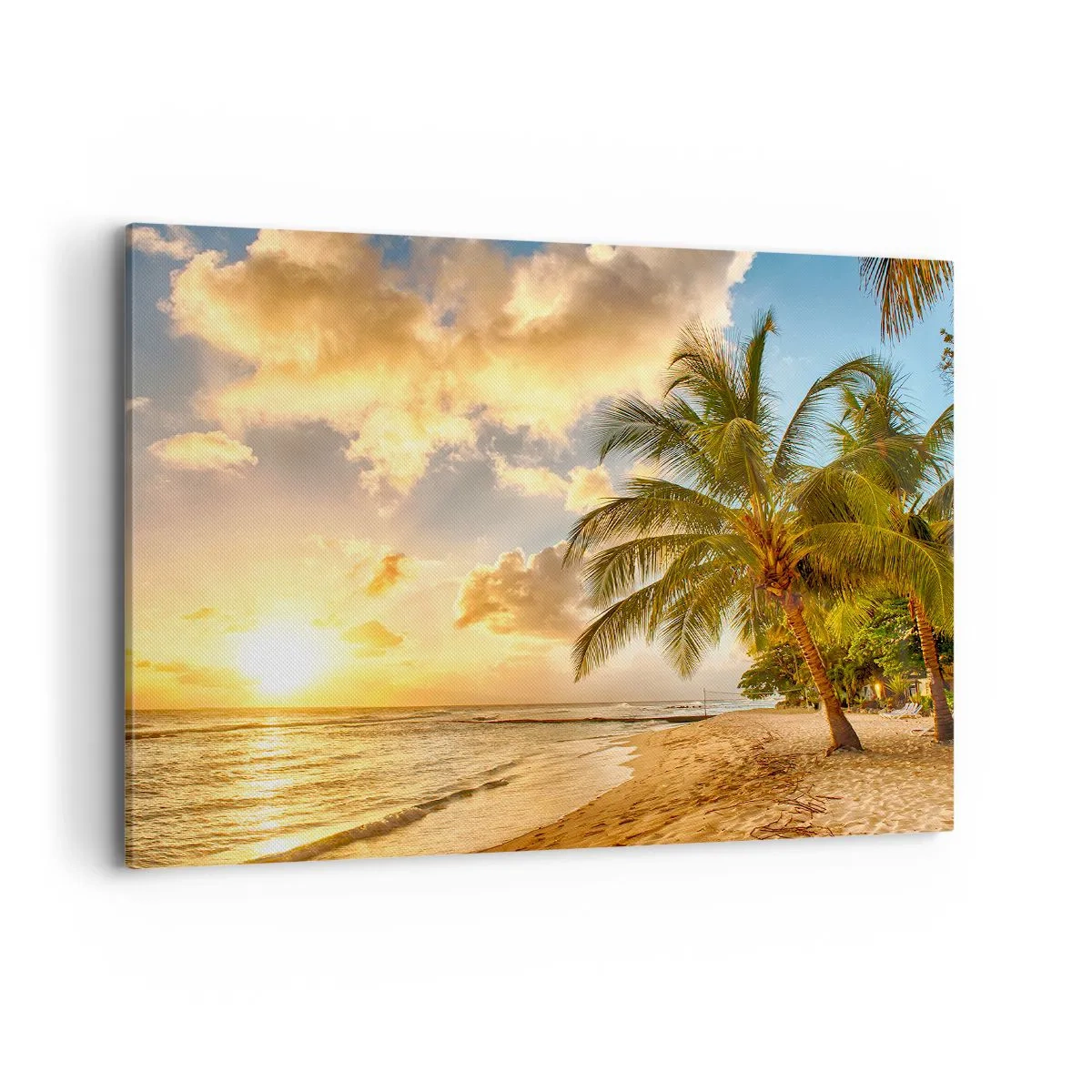 Impression sur toile - Image sur toile - Plage avec palmiers et coucher de soleil sur l'océan - 100x70cm - Été éternel, toujours des vacances - Décoration murale moderne pour le salon et la chambre ARTTOR