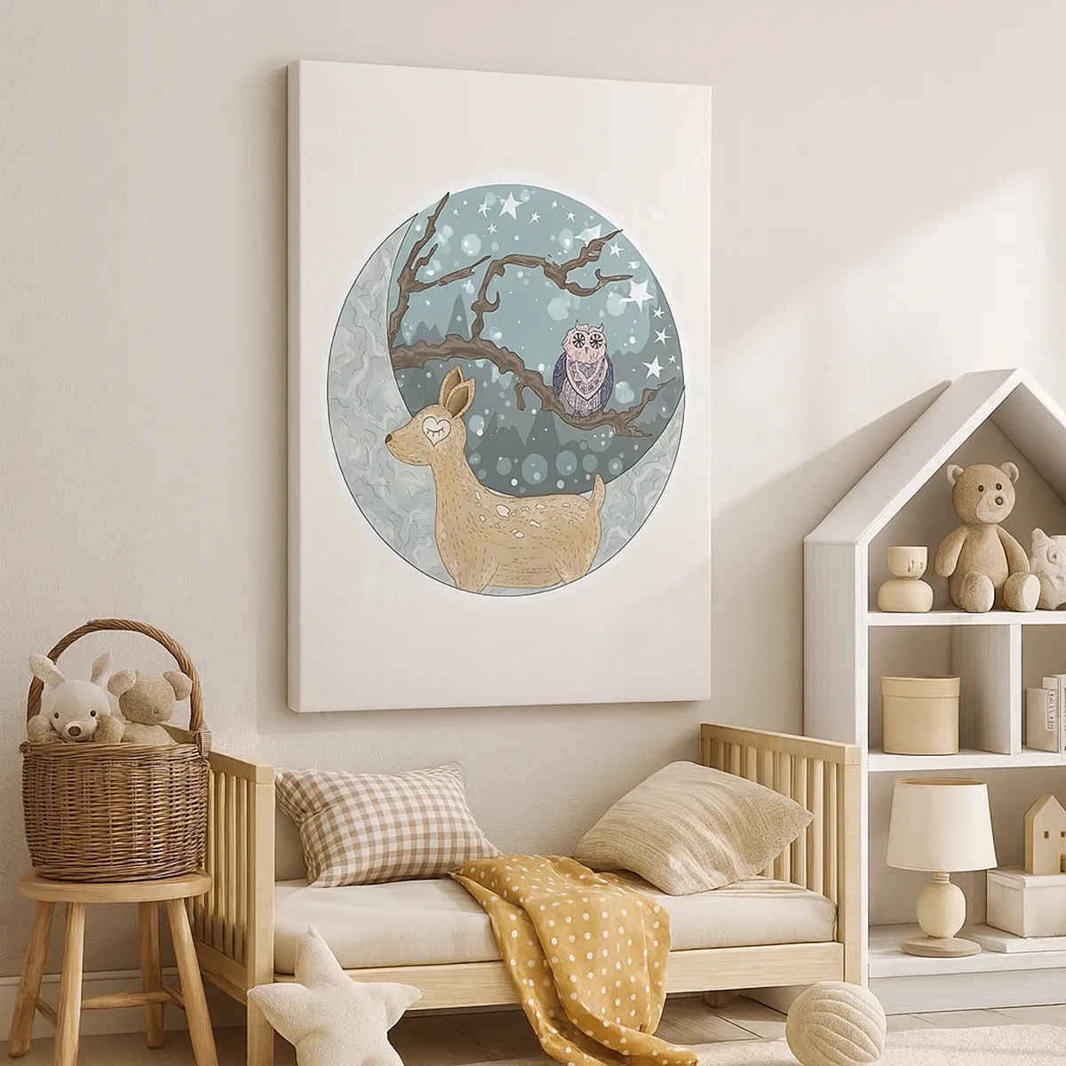Impression sur toile - Image sur toile - Un cerf et un hibou dans un paysage nocturne de conte de fées - 50x70cm - Une nuit de conte de fées en forêt - Décoration murale moderne pour le salon et la chambre ARTTOR