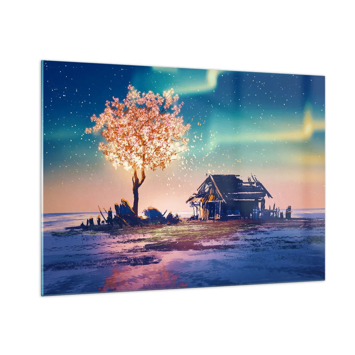 Impression sur verre - Image sur verre - Un paysage magique avec un arbre en fleurs et un chalet - 100x70cm - La nature ne passe pas - Décoration murale moderne pour le salon et la chambre ARTTOR