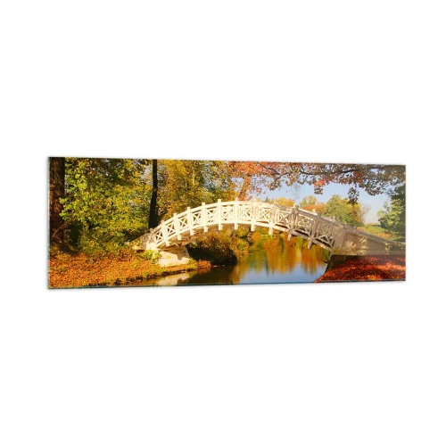 Impression sur verre - Image sur verre - Un pont dans un parc entouré de feuilles d'automne sur une eau calme - 160x50cm - Sur le pont blanc des soupirs - Décoration murale moderne pour le salon et la chambre ARTTOR