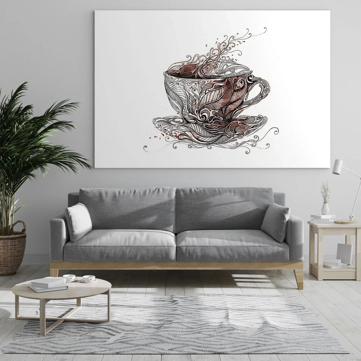 Impression sur verre - Image sur verre - Dessin artistique d'une tasse avec ornements et vapeur - 120x80cm - Du thé, bon pour tout - Décoration murale moderne pour le salon et la chambre ARTTOR