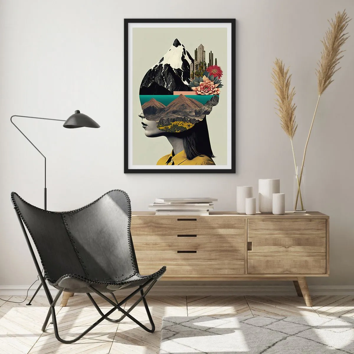 Affiche dans un cadre noir - Poster - Une femme avec un paysage surréaliste dans sa tête - 50x70cm - La femme – toujours un mystère - Décoration murale moderne pour le salon et la chambre ARTTOR
