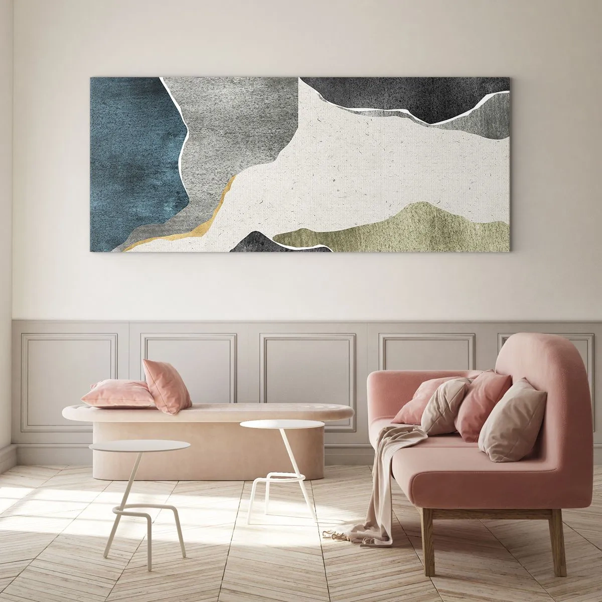 Impression sur verre - Image sur verre - Formes géométriques dans les tons de gris, vert et or - 120x50cm - Composition mosaïque avec un fil d'or - Décoration murale moderne pour le salon et la chambre ARTTOR