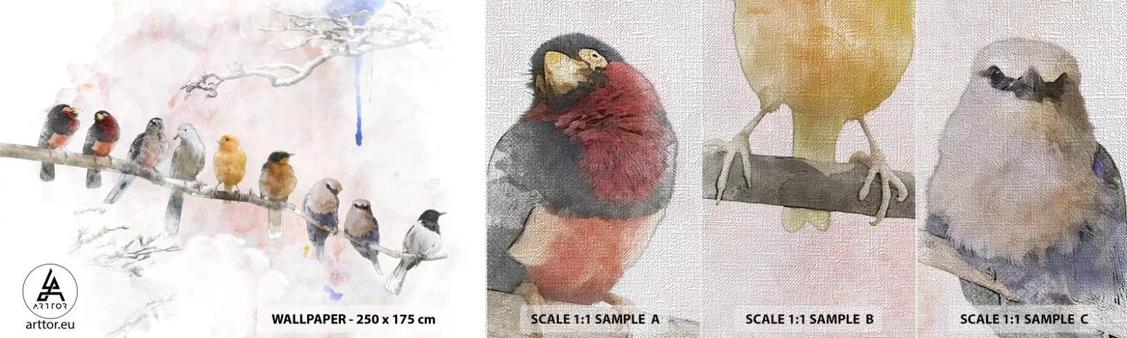 Échantillon de Papier Peint Premium Canvas - Rencontre ailée - Des oiseaux, Nature, Graphique - 100x30 cm