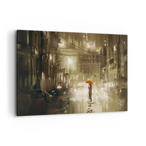 Impression sur toile - Image sur toile - Une silhouette avec un parapluie rouge dans une ville pluvieuse - 120x80cm - Seule mais pas solitaire - Décoration murale moderne pour le salon et la chambre ARTTOR
