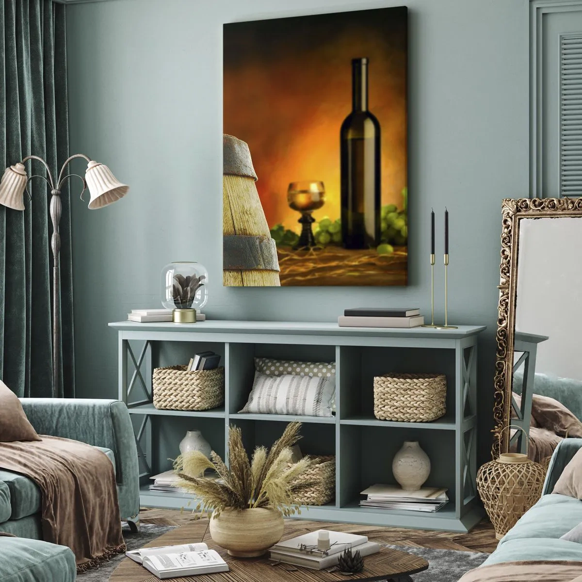 Impression sur toile - Image sur toile - Nature morte avec une bouteille de vin et une grappe de raisin - 55x100 cm