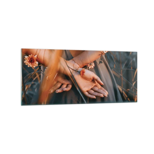 Impression sur verre - Image sur verre - Mains sensuelles avec des fleurs dans un cadre naturel - 120x50cm - Liée à la nature - Décoration murale moderne pour le salon et la chambre ARTTOR