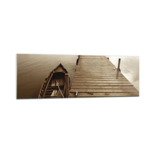 Impression sur verre - Image sur verre - Jetée en bois et bateau sur un lac calme - 160x50cm - Le grand silence - Décoration murale moderne pour le salon et la chambre ARTTOR