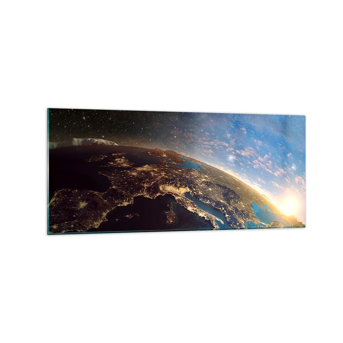 Impression sur verre - Image sur verre - Vue de la Terre depuis l'espace au lever du soleil - 120x50cm - Regardons-nous de loin - Décoration murale moderne pour le salon et la chambre ARTTOR