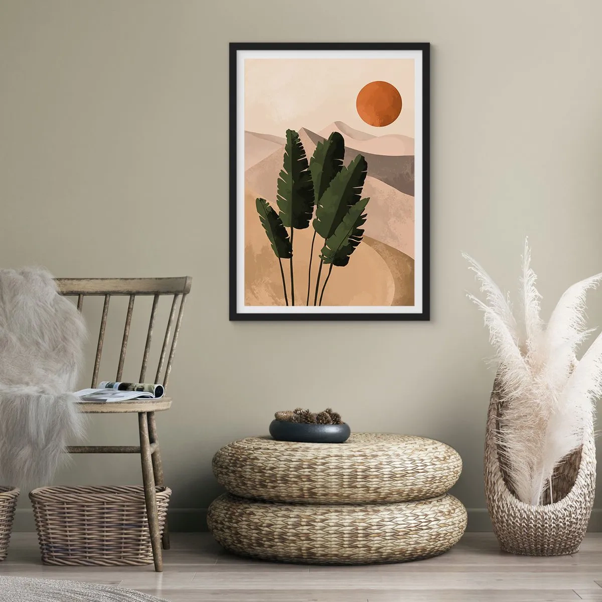 Affiche dans un cadre noir - Poster - Plantes dans un décor désertique avec le soleil couchant, paysage abstrait - 50x70cm - Le triomphe de la vie - Décoration murale moderne pour le salon et la chambre ARTTOR