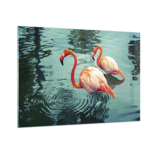 Impression sur verre - Image sur verre - Flamants roses sur l'eau dans une composition harmonieuse - 100x70cm - Nous sommes à la mode maintenant - Décoration murale moderne pour le salon et la chambre ARTTOR